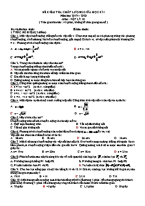Đề kiểm tra chất lượng giữa học kỳ I môn Vật lý Lớp 10 - Năm học 2019-2020 (Có đáp án)